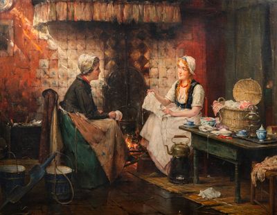 Edward Portielje (1861-1949) : Couturières dans une cuisine, huile sur toile