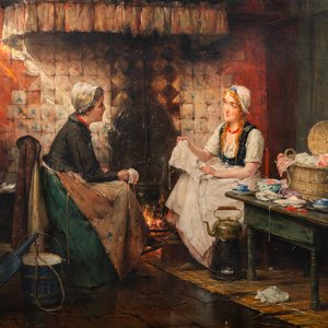 Edward Portielje (1861-1949) : Couturières dans une cuisine, huile sur toile — photo 1
