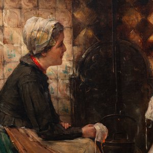 Edward Portielje (1861-1949) : Couturières dans une cuisine, huile sur toile — photo 6