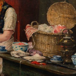 Edward Portielje (1861-1949): Naaisters in een keuken, olie op doek — foto 5