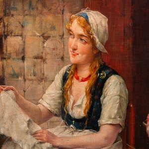 Edward Portielje (1861-1949): Seamstresses in a kitchen, oil on canvas — photo 4