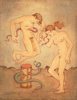 Eemans, Marc (Belgique, 1907-1998), Adam et Eve, huile sur papier, daté 1956