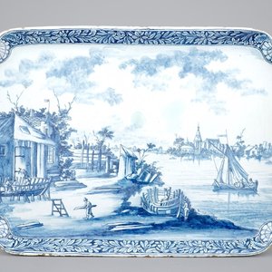 Een 1783 gedateerd blauw-wit Delfts aardewerken dienblad met een scheepswerf — foto 1