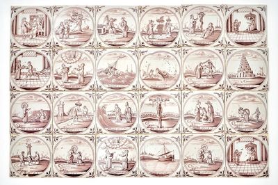 Een baksel van 124 mangane Delftse tegels met bijbels decor in medaillon, 18e eeuw