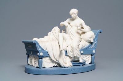 Een biscuit groep met inscriptie 'L'insomnie', Sèvres, Frankrijk, begin 19e eeuw