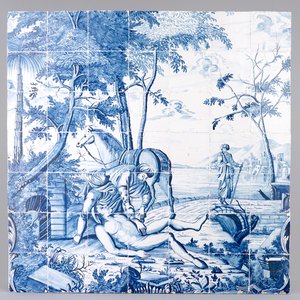 Een blauw-wit tegeltableau met 'De Barmhartige Samaritaan', Makkum, Friesland, 18e eeuw — foto 1
