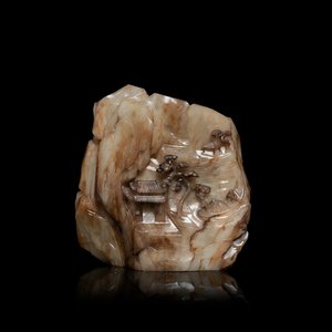 Een Chinees berglandschap met een vissersboot in gevlekt witte jade, Qing — foto 1
