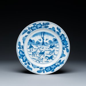 Een Chinees blauw-wit 'Acht paarden van Mu Wang' bord, Kangxi — foto 1