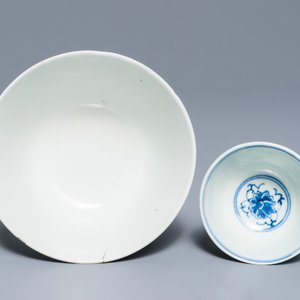 Een Chinees blauw-wit bord, een kom en een kop en schotel met lotusdecor, Guangxu merk, 19/20e eeuw — foto 8