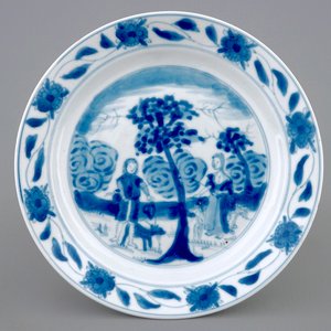 Een Chinees blauw-wit bordje met Adam en Eva, Kangxi — foto 1