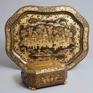 Een Chinees Canton export lakwerk naaidoos en een groot dienblad, 18/19e eeuw — foto 1