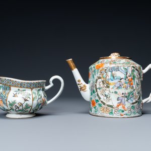 Een Chinees Canton famille verte 14-delig theeservies in presentatiekoffer, 19e eeuw — foto 19