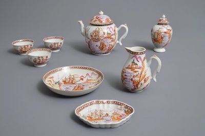 Een Chinees famille rose 8-delig theeservies met Europese schepen, Qianlong