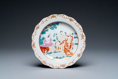 Een Chinees famille rose exportporseleinen bord met 'Het oordeel van Paris', Qianlong