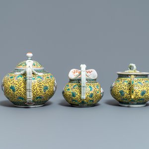 Een Chinees famille verte theeservies met gele fondkleur, 19e eeuw — foto 5