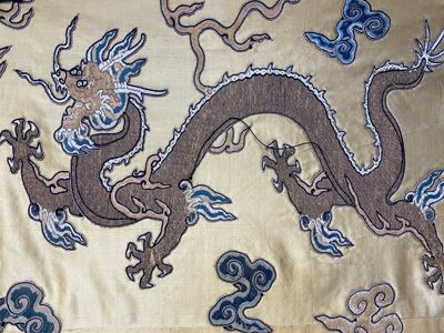 Een Chinees geborduurd zijden paneel met zestien vijfklauwige draken op een gele fondkleur, Da Ming 大明 merk, 19e eeuw — foto 3