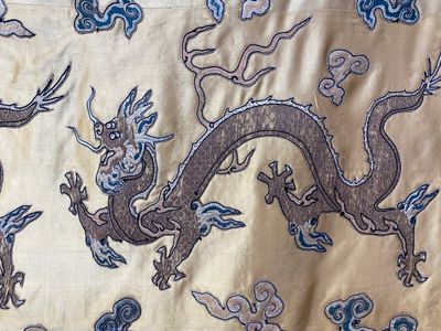Een Chinees geborduurd zijden paneel met zestien vijfklauwige draken op een gele fondkleur, Da Ming 大明 merk, 19e eeuw — foto 8
