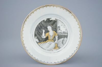 Een Chinees grisaille export bord met "Het Naaistertje", 18e eeuw