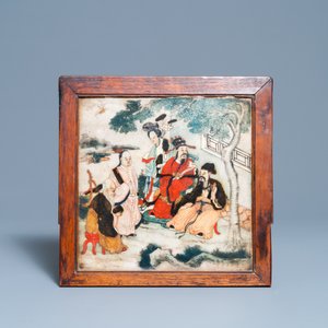 Een Chinees houten tafelscherm met beschilderde marmeren plaquette, 19e eeuw — foto 3