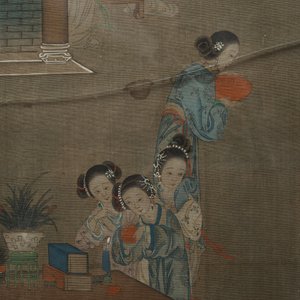 Een Chinees met parelmoer ingelegd houten kamerscherm met beschilderde zijde, 19e eeuw — foto 5