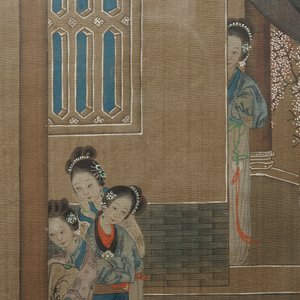 Een Chinees met parelmoer ingelegd houten kamerscherm met beschilderde zijde, 19e eeuw — foto 4