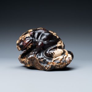 Een Chinees model van een pad in amber gesculpteerd, 19/20e eeuw — foto 1