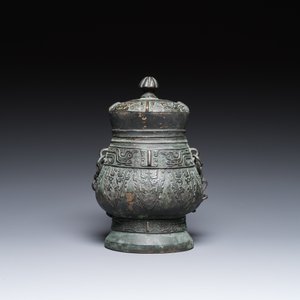 Een Chinese archaïsche rituele bronzen 'you' wijnkan met deksel in Westelijke Zhou-stijl, Ming — foto 2