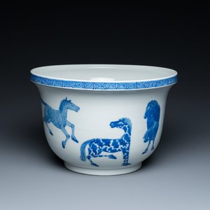 Een Chinese blauw-witte 'Acht paarden van Mu Wang' jardinière, Kangxi merk, 19/20e eeuw — foto 1