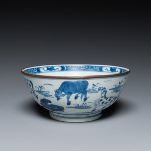 Een Chinese blauw-witte 'Acht paarden van Mu Wang' kom, Kangxi — foto 1