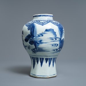 Een Chinese blauw-witte balustervaas met figuren in een landschap, Transitie periode — foto 4