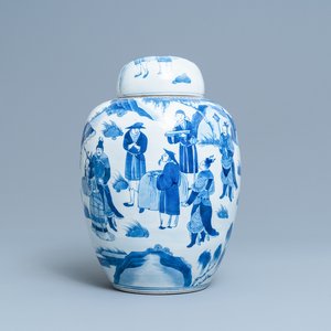 Een Chinese blauw-witte dekselpot met figuren in een landschap, 19e eeuw — foto 1