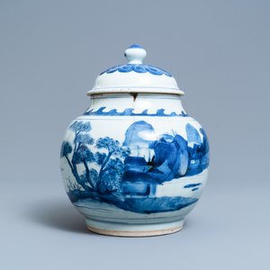 Een Chinese blauw-witte dekselpot met landschapsdecor, Transitie periode — foto 1