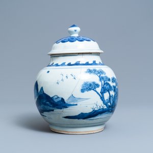 Een Chinese blauw-witte dekselpot met landschapsdecor, Transitie periode — foto 2