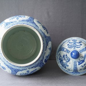 Een Chinese blauw-witte dekselvaas met bloemen en landschappen, Kangxi — foto 11