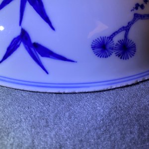 Een Chinese blauw-witte 'Drie vrienden van de winter' schotel, Xuande mark, Kangxi — foto 7