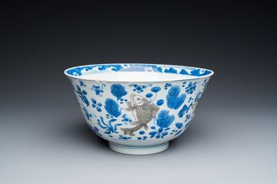 Een Chinese blauw-witte en koperrode kom met karpers, Kangxi