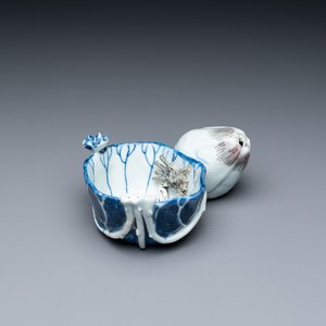 Een Chinese blauw-witte en koperrode 'krab in lotus' waterdruppelaar, Kangxi — foto 1