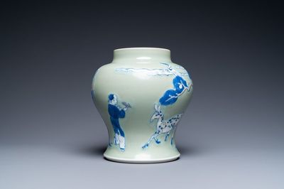 Een Chinese blauw-witte en koperrode vaas met celadon fondkleur, Kangxi