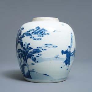 Een Chinese blauw-witte gemberpot met figuratief decor, Kangxi — foto 3