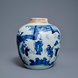 Een Chinese blauw-witte gemberpot met figuren in een landschap en een houten deksel, Transitie periode — foto 2
