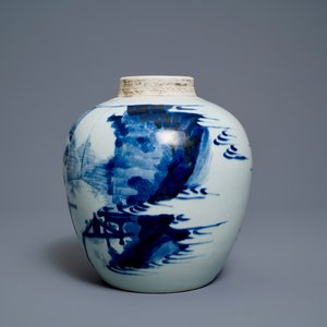 Een Chinese blauw-witte gemberpot met figuren in een landschap en een houten deksel, Transitie periode — foto 3