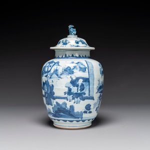 Een Chinese blauw-witte 'Jia Guan Jin Jue 加官晉爵' dekselvaas, Transitie periode — foto 4