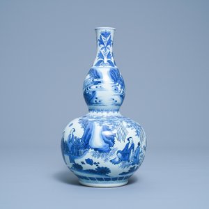 Een Chinese blauw-witte kalebasvaas met figuratief decor, Transitie periode — foto 2