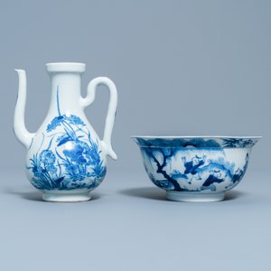Een Chinese blauw-witte kan en een kom met een tijger, Kangxi merk en periode — foto 2