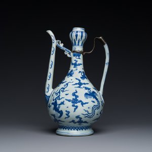 Een Chinese blauw-witte kan met kraanvogels tussen wolken, Chang Ming Fu Gui 長命富貴 merk, Ming — foto 2