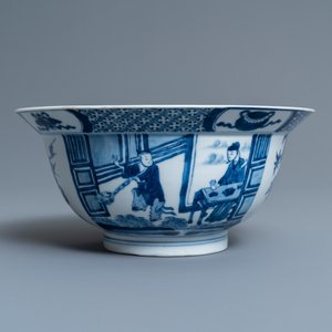Een Chinese blauw-witte 'klapmuts' kom, Kangxi merk en periode — foto 4