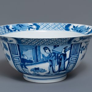 Een Chinese blauw-witte klapmutskom, Kangxi merk en periode — foto 1