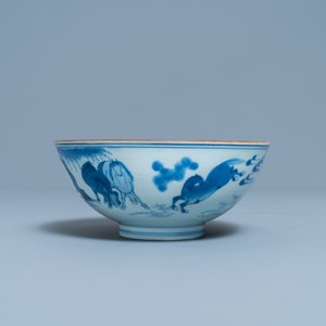 Een Chinese blauw-witte kom met de 'Acht paarden van Mu Wang', Jiajing merk, Kangxi — foto 2