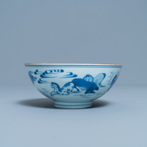 Een Chinese blauw-witte kom met de 'Acht paarden van Mu Wang', Jiajing merk, Kangxi — foto 3