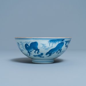 Een Chinese blauw-witte kom met de 'Acht paarden van Mu Wang', Jiajing merk, Kangxi — foto 4